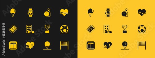 Set Heart rate, Award cup, Golf ball on tee, Sports doping with dumbbell, Bowling and, Racket and Smart watch heart icon. Vector