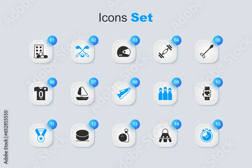 Set Badminton shuttlecock, Yacht sailboat, Ice hockey sticks and puck, Medal, Stopwatch, Smart with heart, Sports doping dumbbell and Fitness sneakers shoes icon. Vector