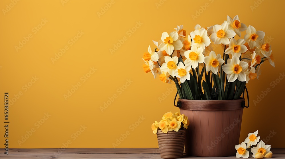 Vibrant Spring Floral Desk, Customized Happy Wish Background Wallpaper with Colorful Flowers in Wooden Basket