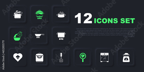 Set Oven, Scales, Frying pan on fire, Fried eggs frying, Measuring cup and bowl, Slow cooker, Cooking pot and Spatula icon. Vector