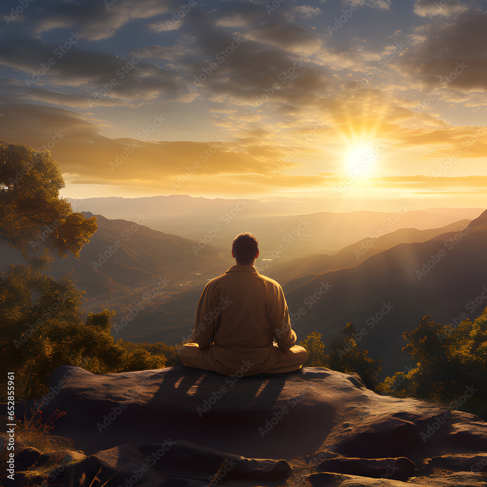 the back of a person meditating outside at a scenic vista during golden hour. Generative Ai.