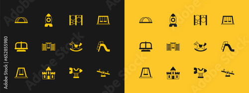 Set Swings for kids, Sand castle, Horse saddle swing, plane, Swedish wall, Playground climbing equipment, Monkey bar and Rocket ship toy icon. Vector