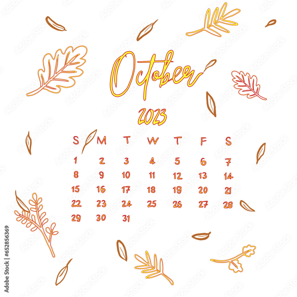 Monthly calendar for october 2023 vector calendar design stock