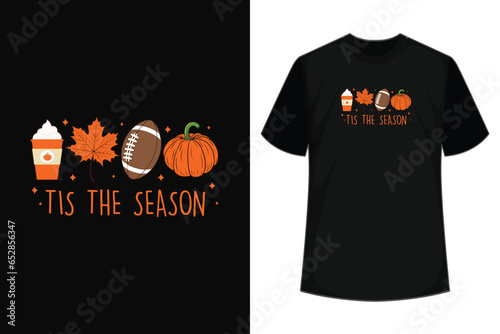 Tis The Season Pumpkin Leaf Latte Fall Thanksgiving Football T-Shirt photo