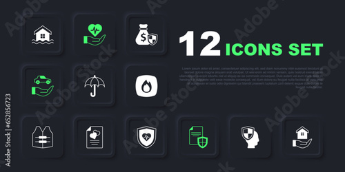 Set Life insurance with shield, House hand, Umbrella, Contract, Car, Marriage contract, and icon. Vector