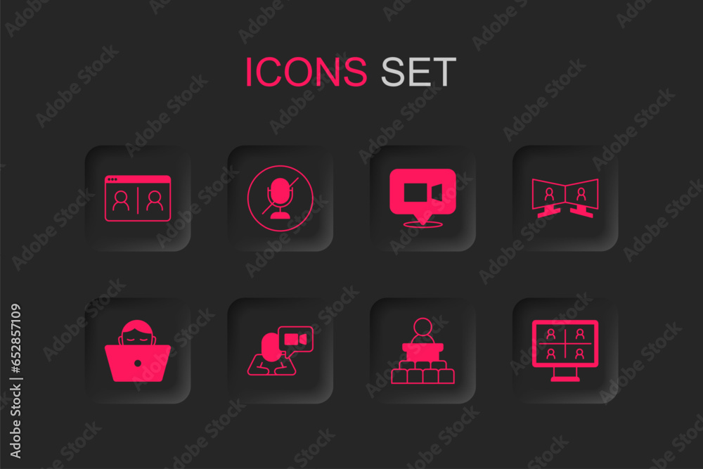 Set Video chat conference, Mute microphone, Speaker, and Freelancer icon. Vector