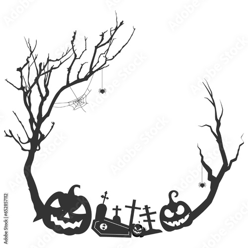 Halloween frame border with halloween elements like skull witch hat and spider net