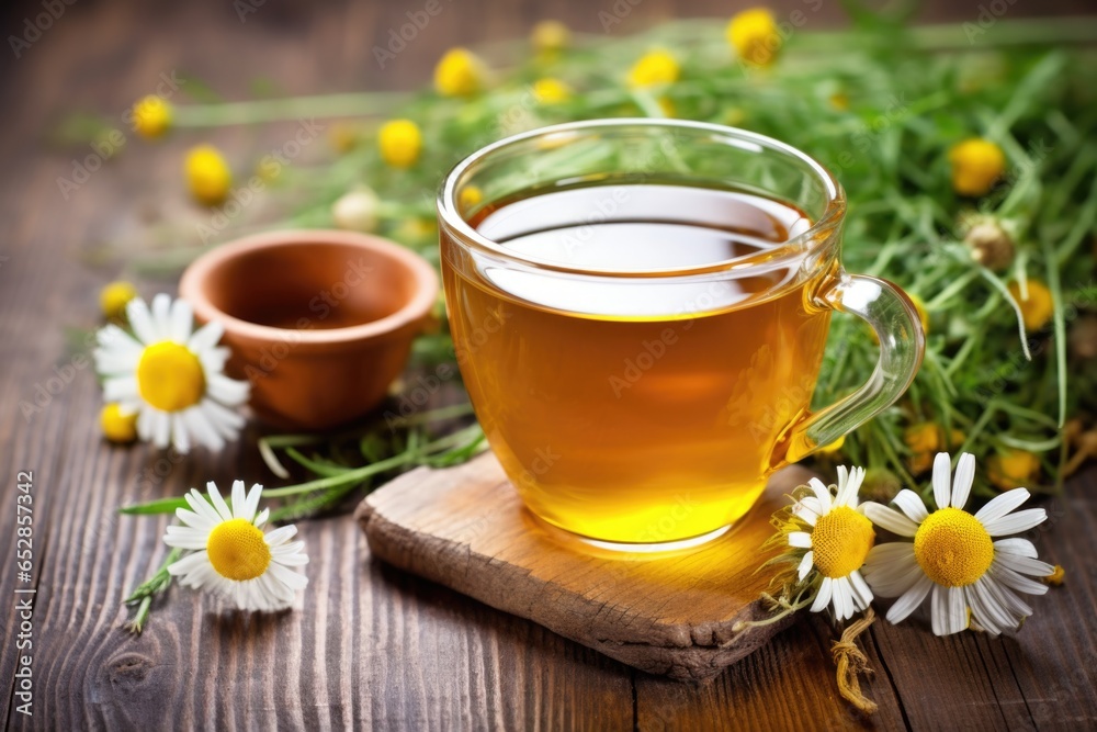 herbal tea alongside chamomile flowers herbal tea alongside chamomile flowers