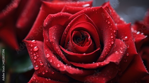 Close-up of vibrant red rose petals with delicate water droplets.