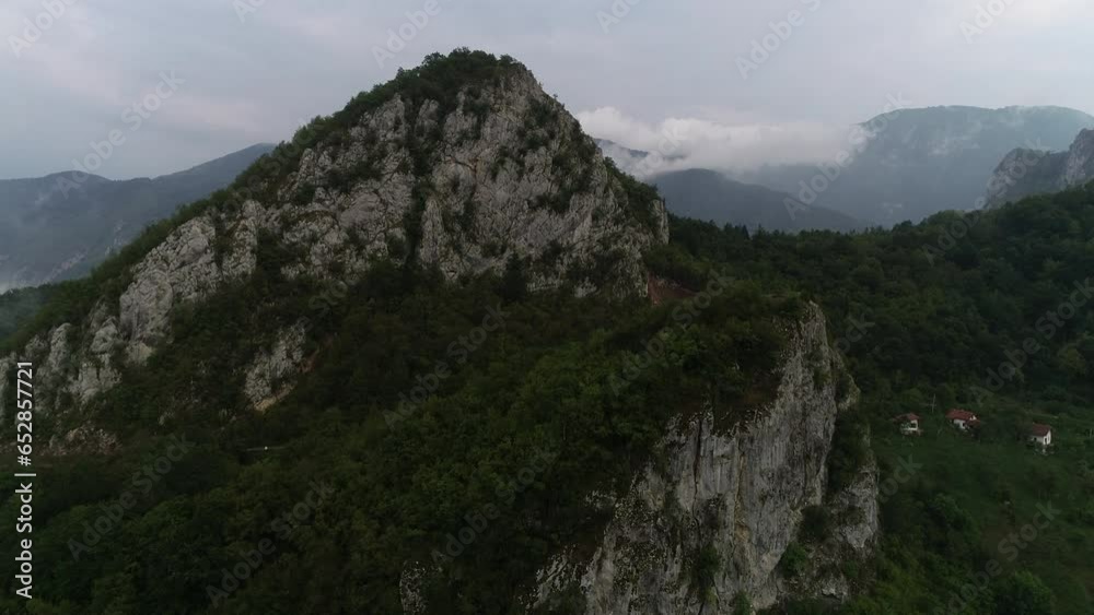 The village of Orahovci in the Visegrad community of the Republic of Serbian Bosnia and Herzegovina. Drina River. Mountain View. Aerial. Summer. The village of Orahovci in the Visegrad community of the Republic of Serbian Bosnia and Herzegovina. Drina River. Mountain View. Aerial. Summer.