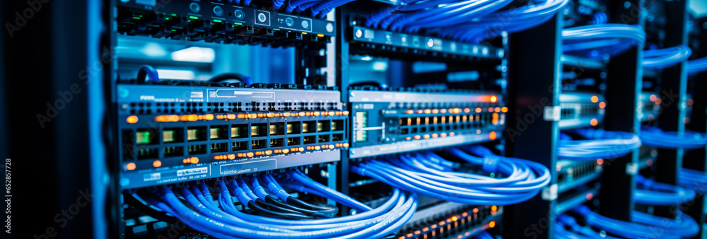 Server racks, electric cables and wires representing fiber optic internet equipment for a data center, technology and network background banner Server racks, electric cables and wires representing fiber optic internet equipment for a data center, technology and network background banner