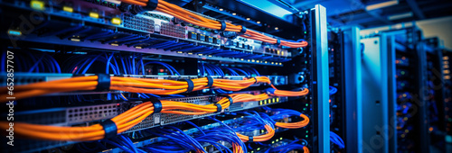 Server racks, electric cables and wires representing fiber optic internet equipment for a data center, technology and network background banner