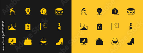 Set Gift box and heart, Handbag, Feminist activist, Greeting card with 8 March, speech bubble, Glass of champagne and icon. Vector