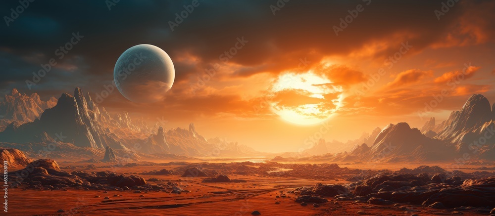 Imaginary Mars landscape with orange desert mountains and sun in realistic science fiction illustration