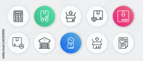 Set line Cardboard box with clock, Carton cardboard, Delivery security shield, Unboxing, Waybill and Warehouse icon. Vector