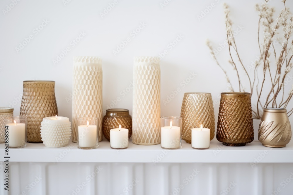 handmade candles arranged on a white mantel handmade candles arranged on a white mantel