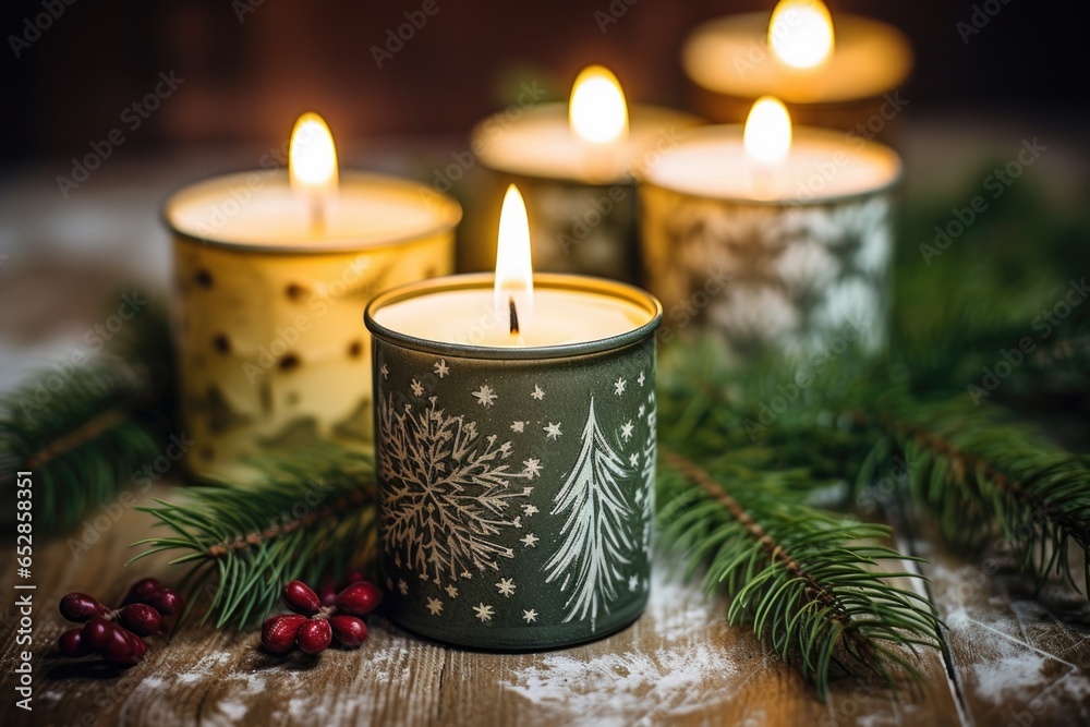homemade tin can candles with pine motifs