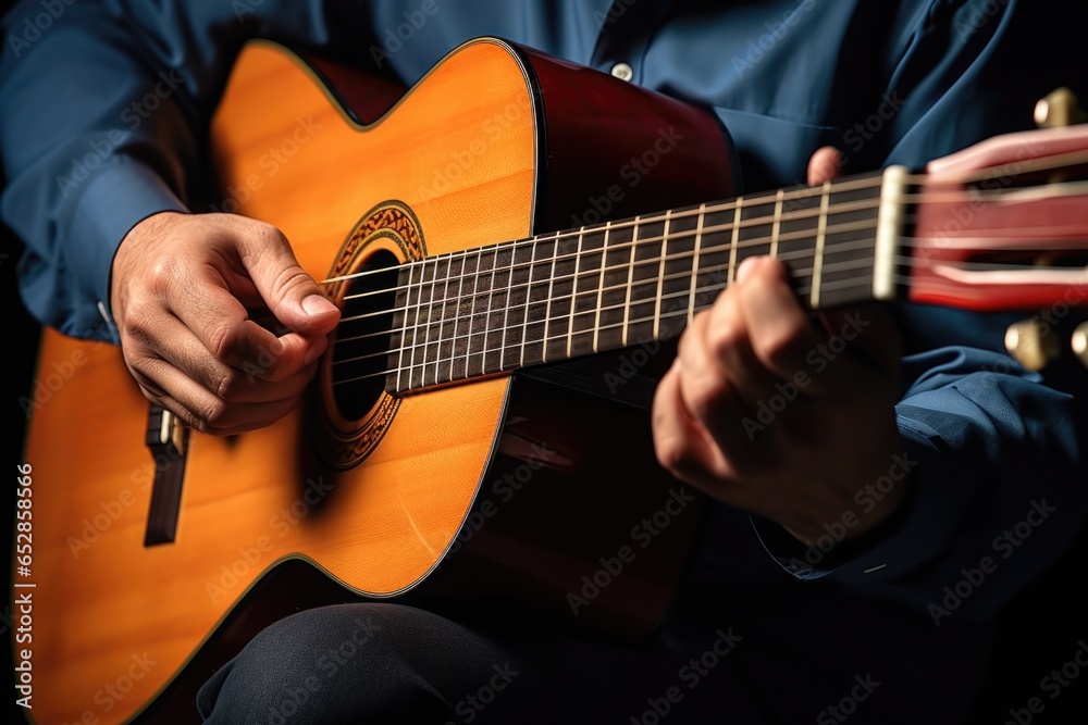 Obraz premium close-up of fingers strumming an acoustic guitar