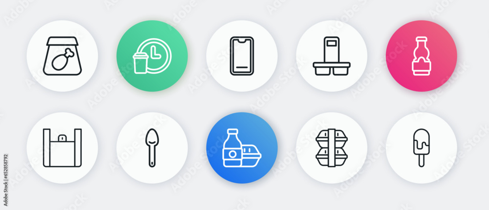 Set line Online ordering food, Sauce bottle, Lunch box, Coffee cup to go, Food on mobile, Ice cream and Spoon icon. Vector Set line Online ordering food, Sauce bottle, Lunch box, Coffee cup to go, Food on mobile, Ice cream and Spoon icon. Vector