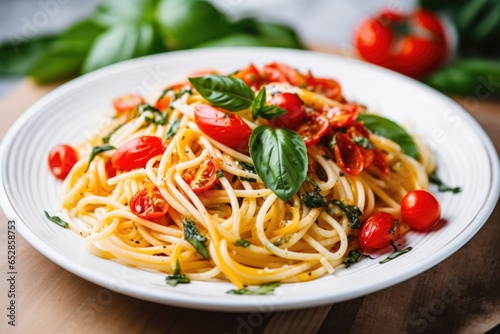 italian pasta with basil and tomatoes on a white plate