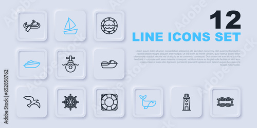 Set line Lighthouse, Nautical rope knots, Submarine, Whale, Speedboat, Ship steering wheel, Yacht sailboat and Lifebuoy icon. Vector