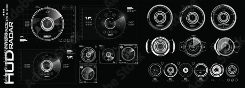 Big collection of aerial radar targets and air navigation devices. Interface device for geolocation and identification objects on the map. Digital targets or HUD sights