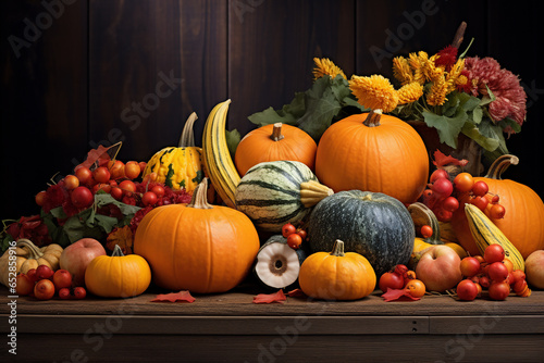 Thanksgiving pumpkins with fruits on wooden table. Thanksgiving Day