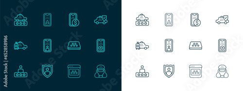 Set line Taxi car insurance, Life with shield, roof, mobile app, driver license, Mobile banking, service rating and Infographic city map icon. Vector