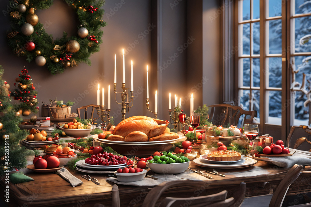 Holiday table with turkey. Generative AI 
