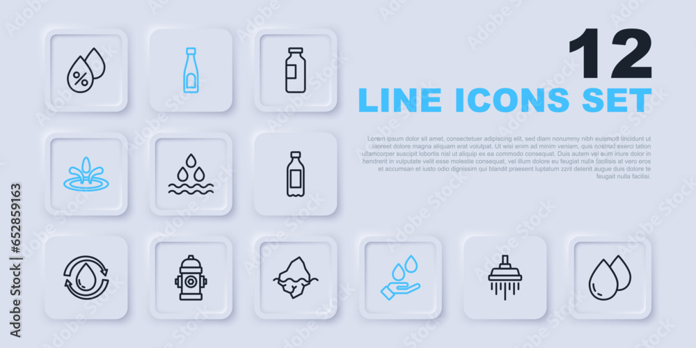 Set line Shower, Water drop, Washing hands with soap, Fire hydrant, Bottle of water and Iceberg icon. Vector Set line Shower, Water drop, Washing hands with soap, Fire hydrant, Bottle of water and Iceberg icon. Vector