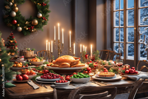 Holiday table with turkey. Generative AI 