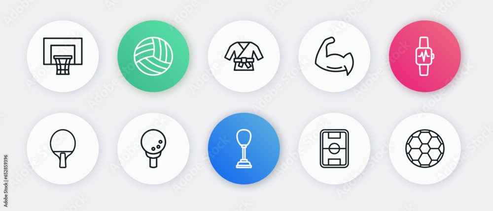 Set line Punching bag, Smart watch with heart, Racket, Football field, Bodybuilder showing his muscles, Kimono, Soccer football and Golf tee icon. Vector Set line Punching bag, Smart watch with heart, Racket, Football field, Bodybuilder showing his muscles, Kimono, Soccer football and Golf tee icon. Vector
