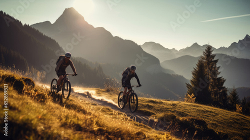 Friends riding bicycles in the mountains