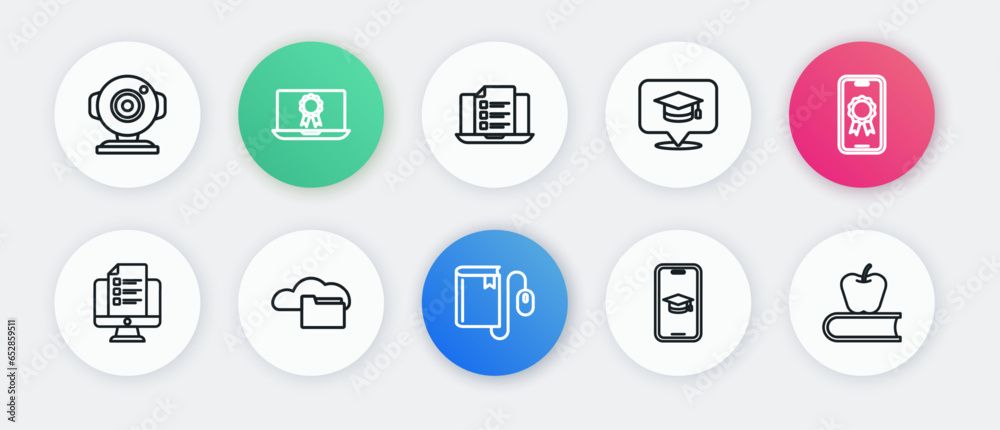 Set line Electronic book with mouse, Online education diploma, quiz, test, survey, Graduation cap mobile, speech bubble, Book apple and Cloud or online library icon. Vector