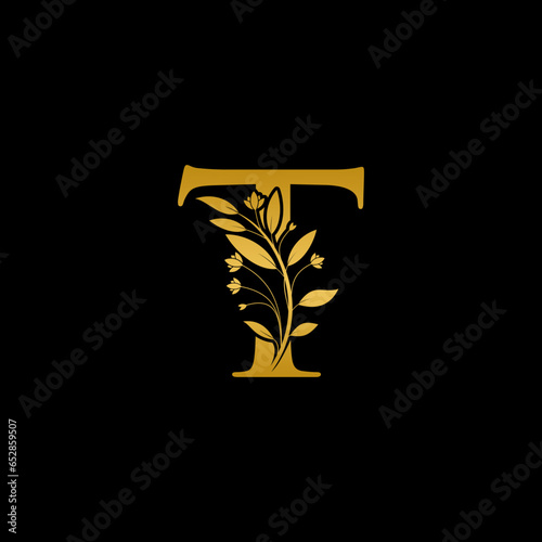 Golden floral letter T logo Icon, Luxury alphabet font initial design isolated on black background