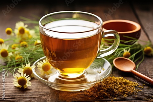 cup of chamomile tea next to a bundle of dried chamomile