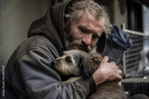 Portrait homeless dirty tramp hugging his dog. Concept friendship lifestyle. Generation AI photo