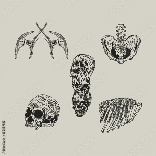 Collection of black magic symbols: three, skull, bone, sword