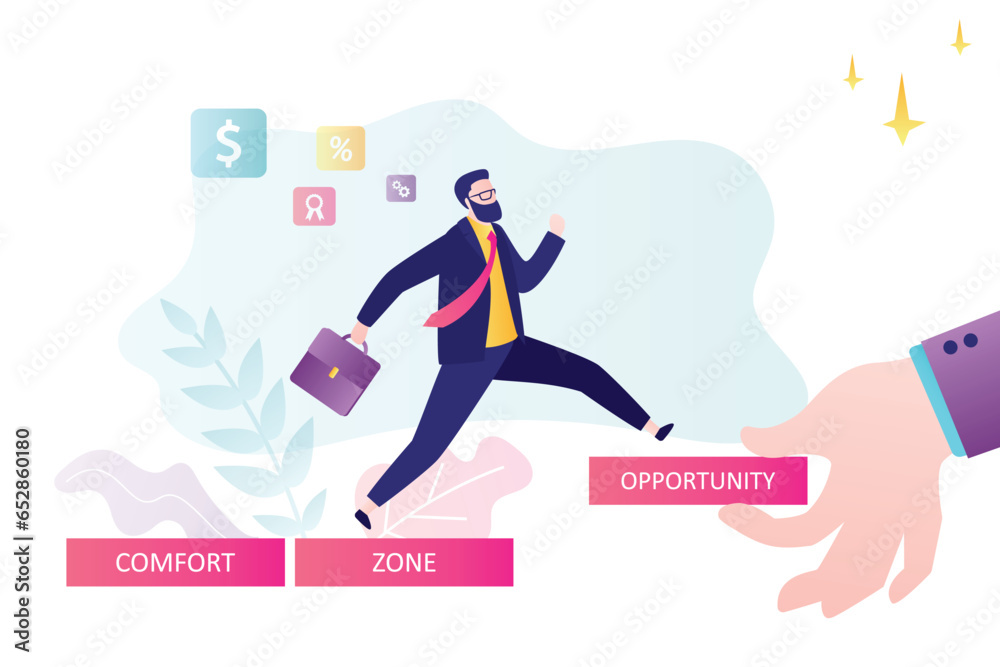 Businessman runs out of comfort zone and strives for new opportunities. Ambition and desire to set new goals, to achieve success. Mentor or business coach helps you get out of comfort zone. Businessman runs out of comfort zone and strives for new opportunities. Ambition and desire to set new goals, to achieve success. Mentor or business coach helps you get out of comfort zone.
