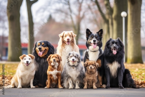 group of different breed dogs sitting together in a park