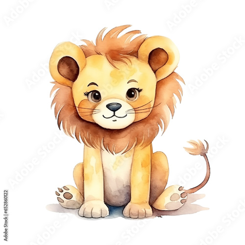 Watercolor cute cartoon lion isolated on transparent background.