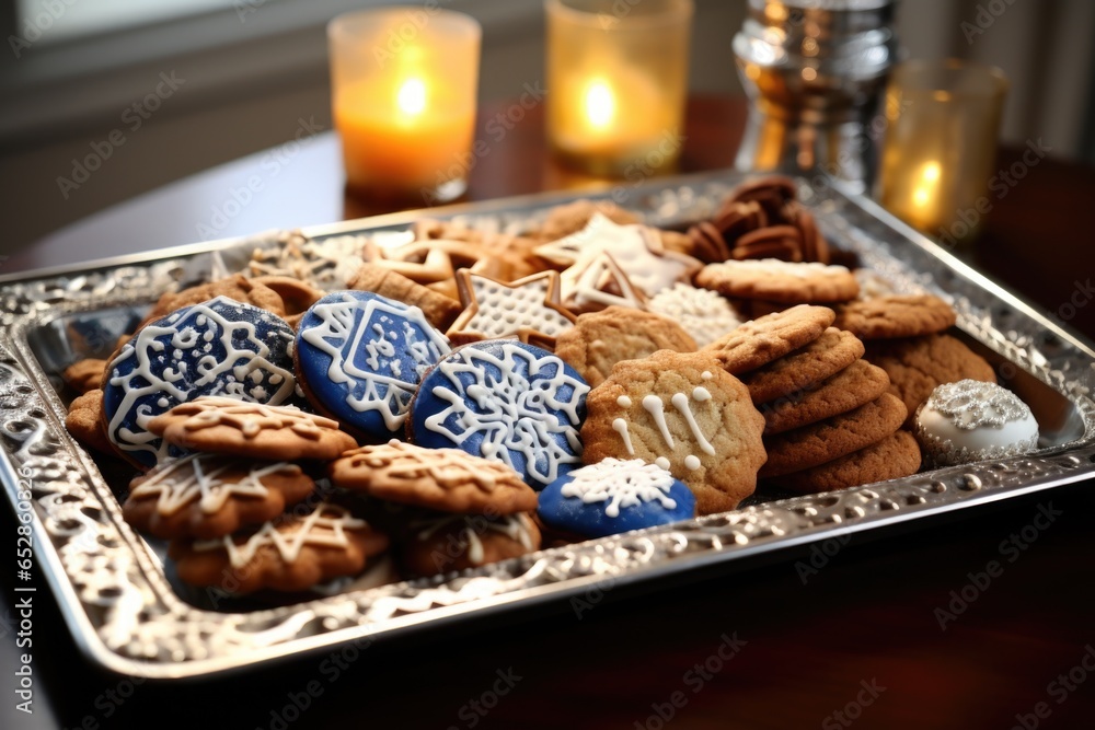 hanukkah cookies arranged on decorated tray