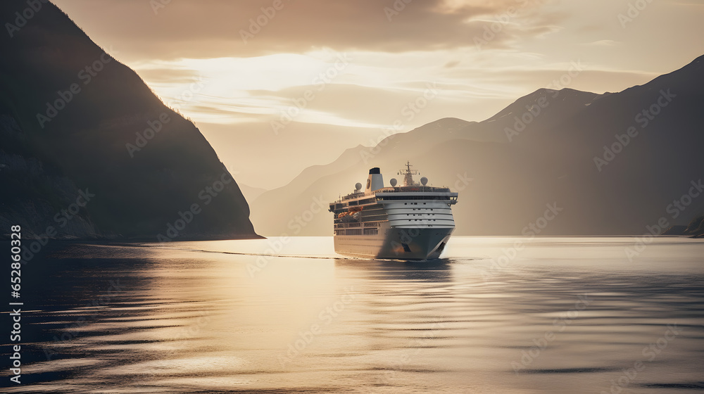 Cruise ship in Norwegian fjords sunset light - obrazy, fototapety, plakaty 