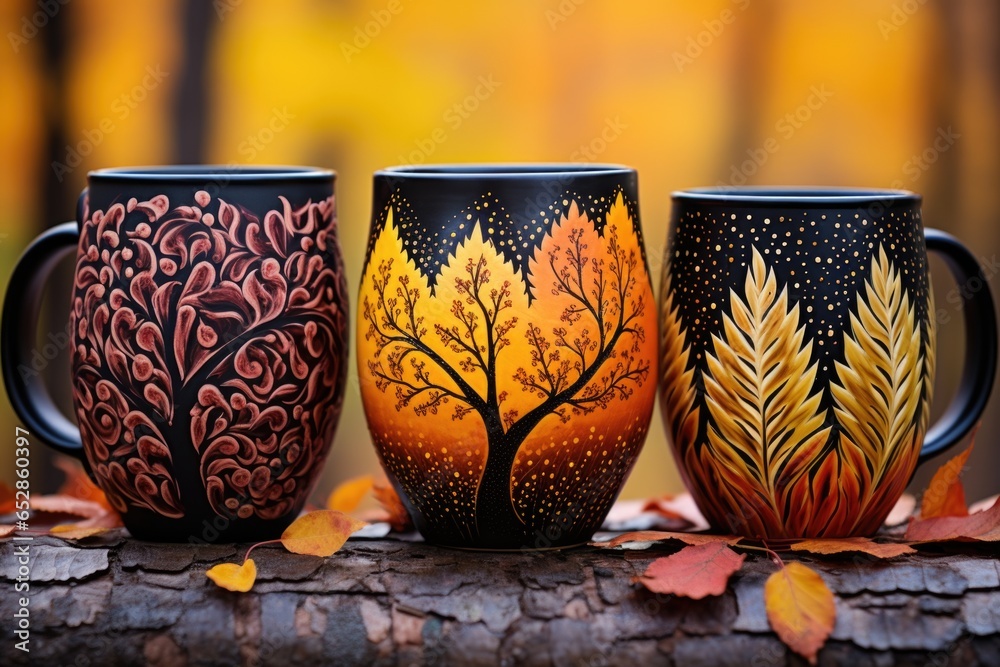 ceramic mugs painted in autumn motifs