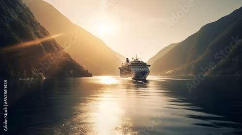 Cruise ship in Norwegian fjords sunset light © Adin