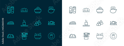 Set line Traditional tea ceremony, Asian noodles in paper box, Zongzi bamboo steamer, Wonton, Cup of, Rice bowl, Guotie and Dumpling icon. Vector