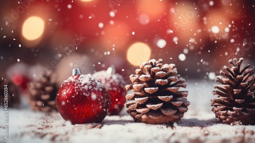 Close-up of sparkling Christmas ornaments and pine cones on a snowy surface.