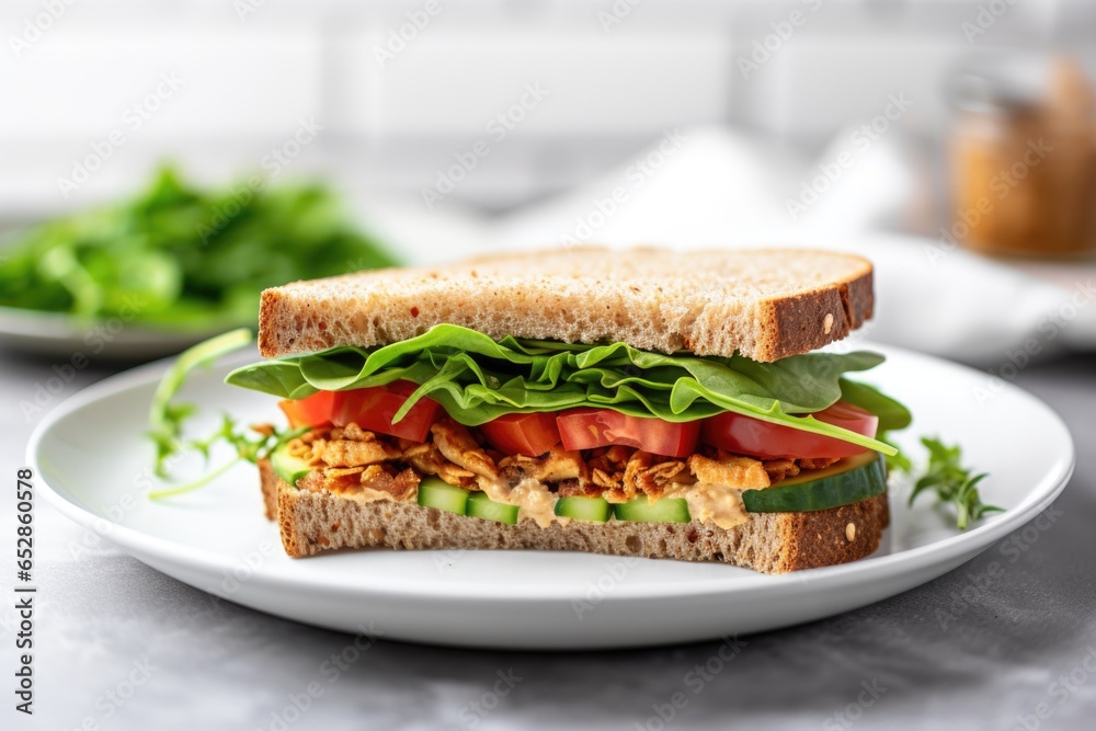 a vegan sandwich with lettuce, tomatoes, and cucumber on a white plate a vegan sandwich with lettuce, tomatoes, and cucumber on a white plate
