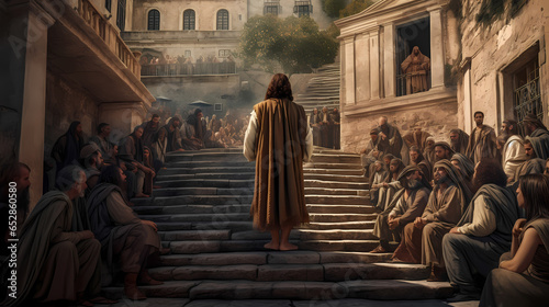 Rear view Jesus preaches to people on streets of Rome. Concept of spread of Christianity © Adin