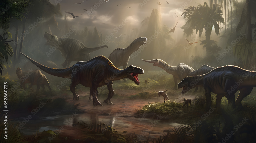 Fototapeta premium Set run jurassic dinosaurs in park forest. Generation AI